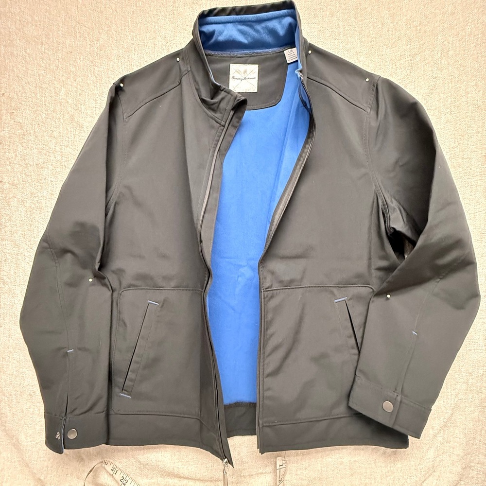 Tommy Bahama Mens Full Zip Jacket Black Blue Fleece Lined Large L Stand Collar